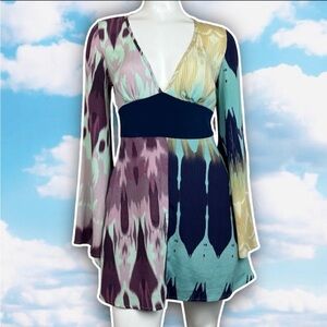 GUESS BY MARCIANO Silk Bell Sleeve Babydoll Mini Dress Y2K Retro 70s Hippie Boho